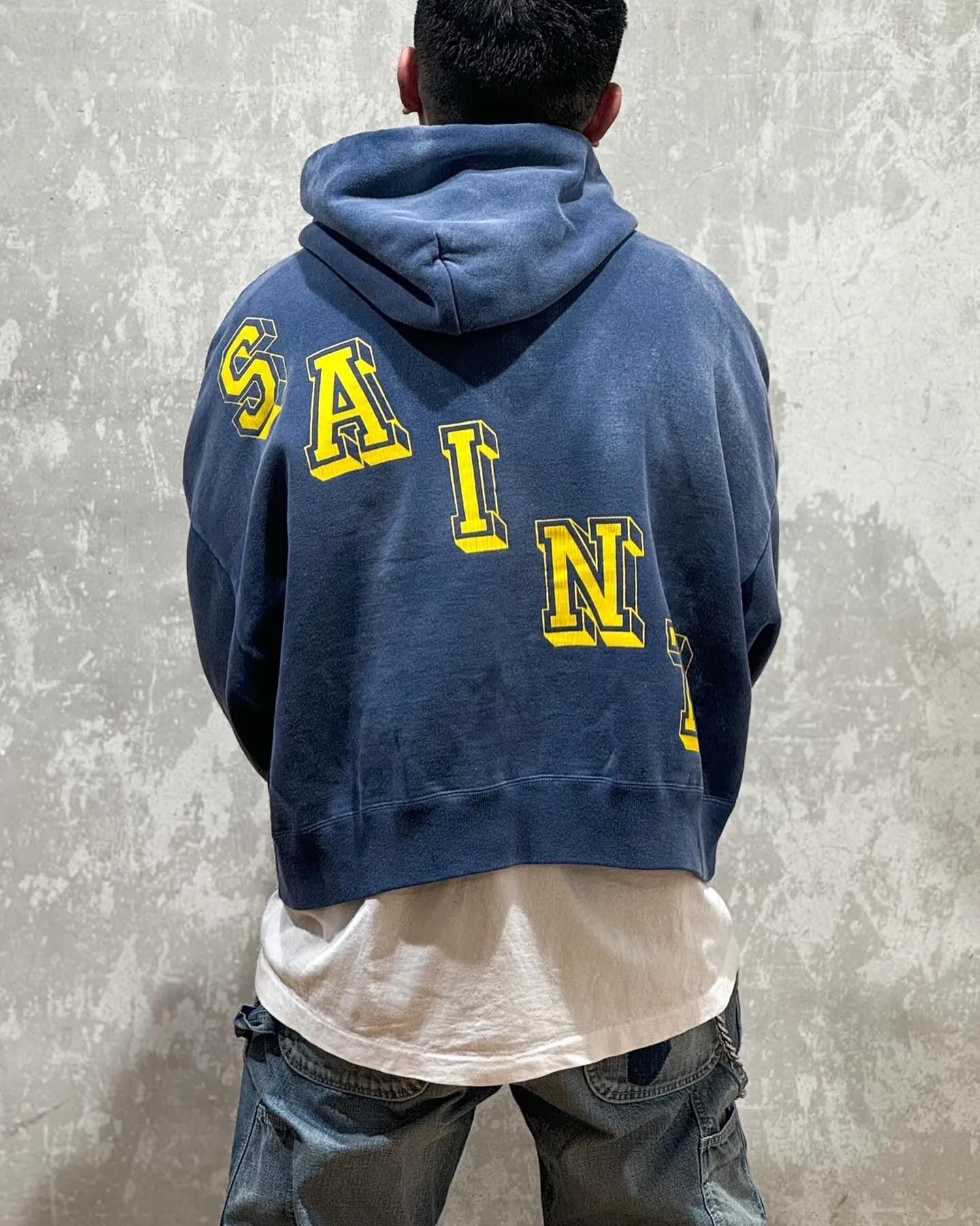 SAINT M×××××× ANGEL HOODIE/NAVY Angel Reborn Blue Hoodie Washed Blue S-XL Assute Garment Dyeing Full Clothes Water Fading Mud Dyeing Dirty Distress New Vintage Ceiling God Tailoring Original Super Loose Fit Customized Original Accessories God-level Print Restoration